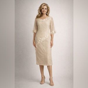 DonnAvinci Champagne Ramie Sheath Dress w/ Sheer Organza Sleeves & Leaf Trim 10